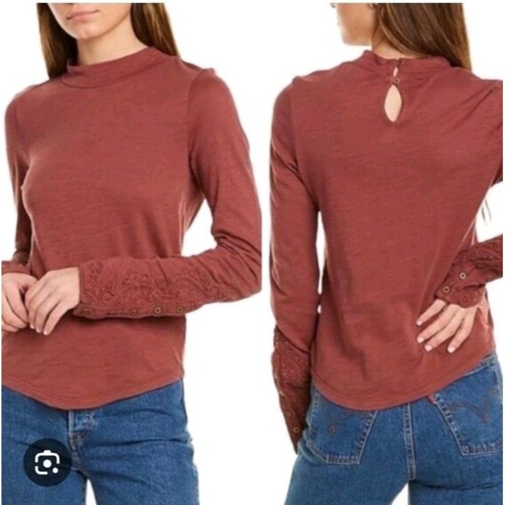 We The Free Hooked On You Beaded Embroidered Cuffs Mock Neck Tee Shirt Boho Lg